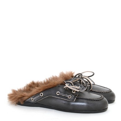 P24 Boat Loafer Mule Hairy Fur black